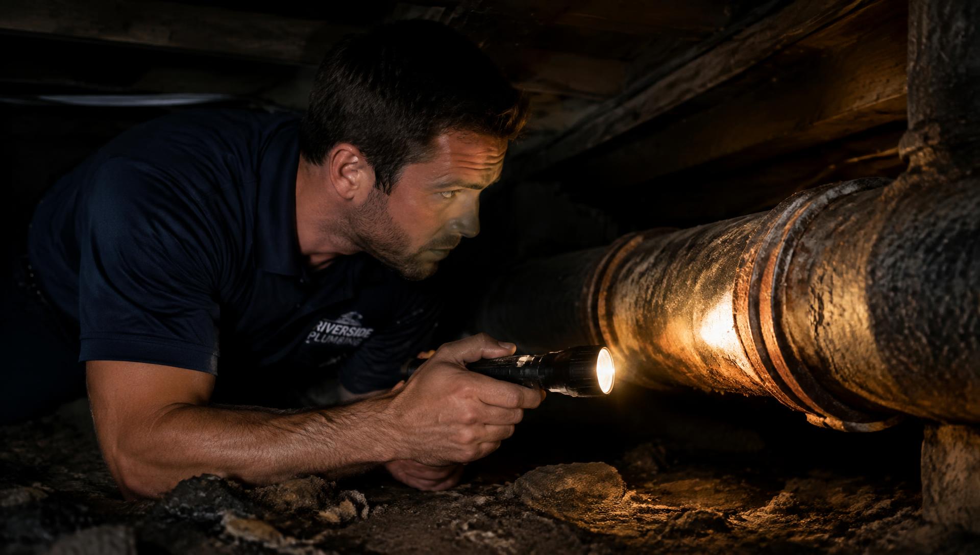 Plumber inspecting an aging cast iron pipe